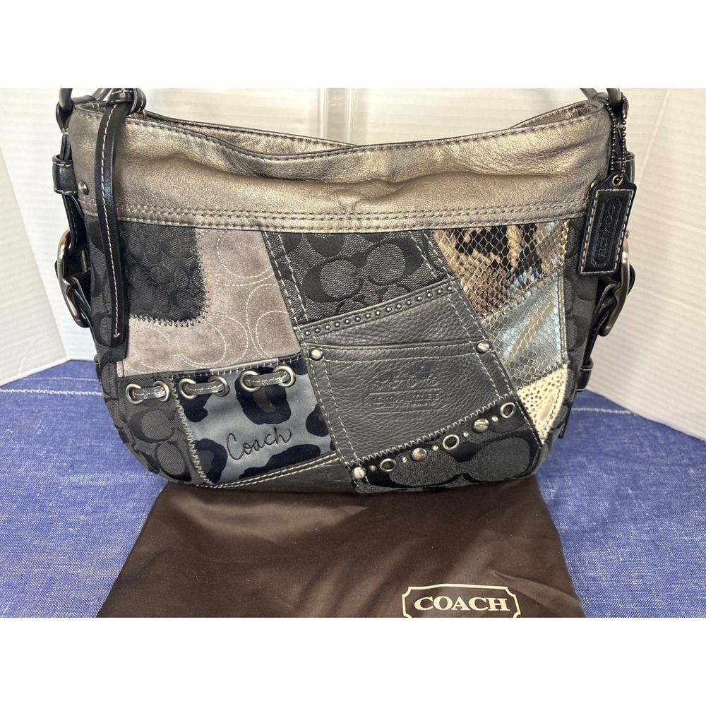 Coach Soho Patchwork Hobo Bag Black Grey Metallic Leather Snakeskin 12081